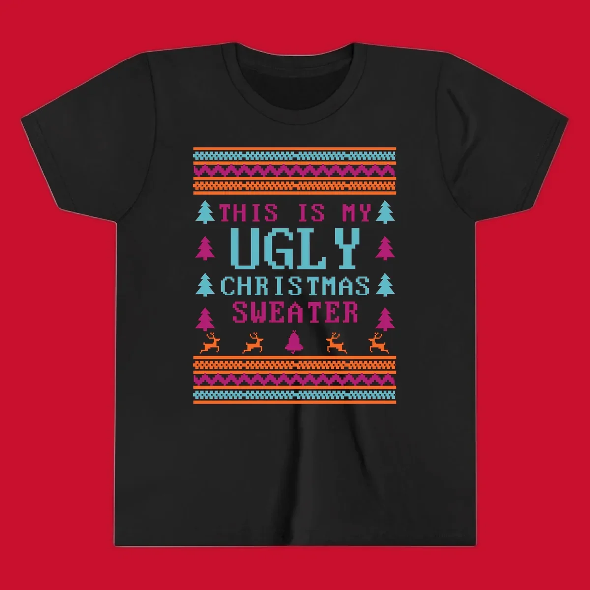 Ugly Christmas Sweater text design with pixel art trees, reindeer, and bell.