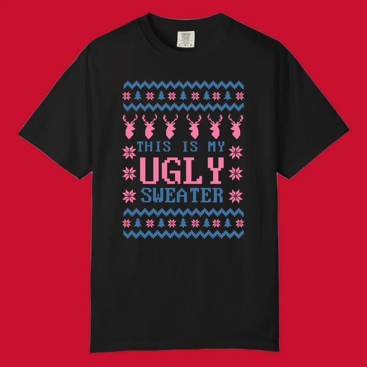 Ugly Christmas sweater design with pixelated reindeer, snowflakes, trees, and text 'THIS IS MY UGLY SWEATER'.