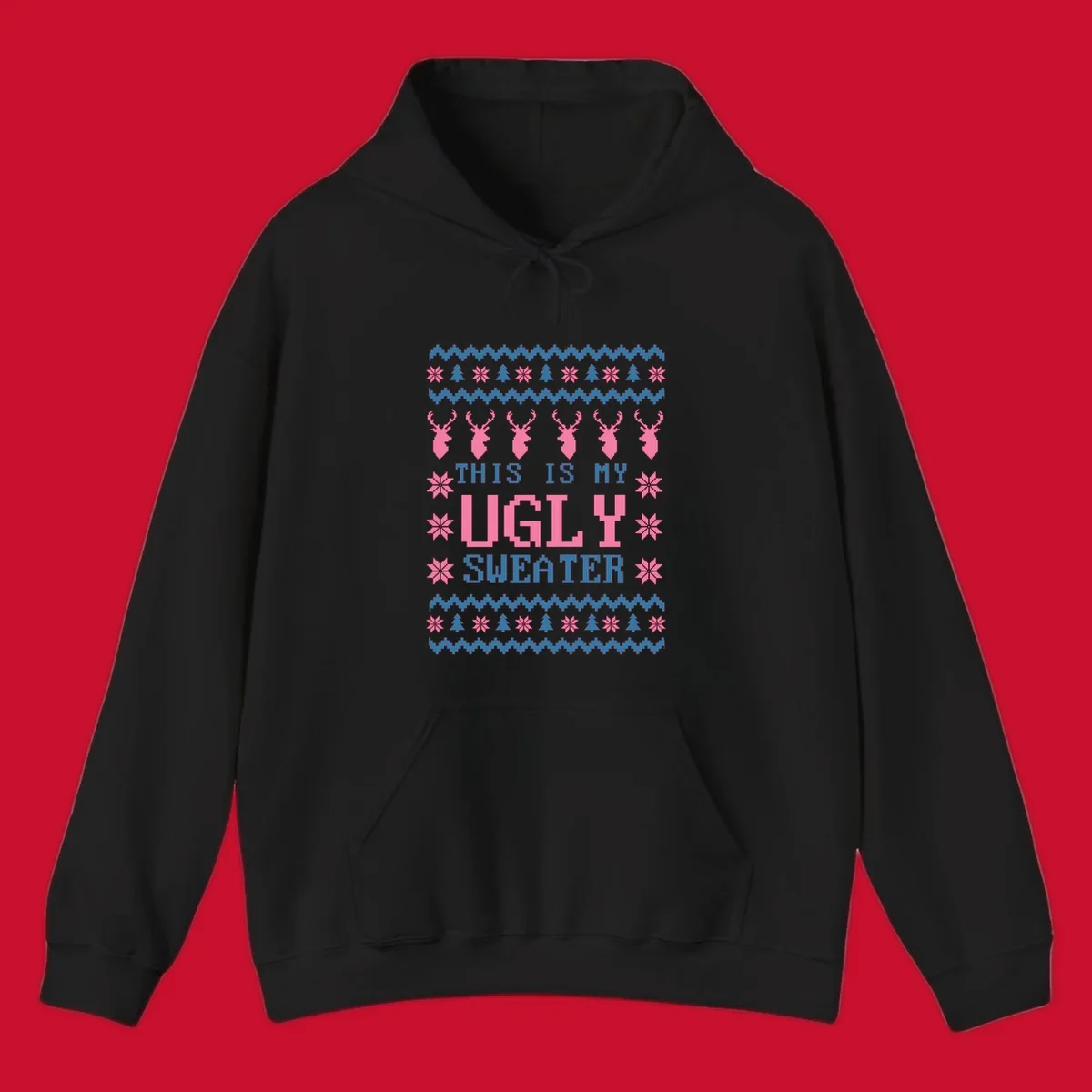 Ugly Christmas sweater design with pixelated reindeer, snowflakes, trees, and text 'THIS IS MY UGLY SWEATER'.