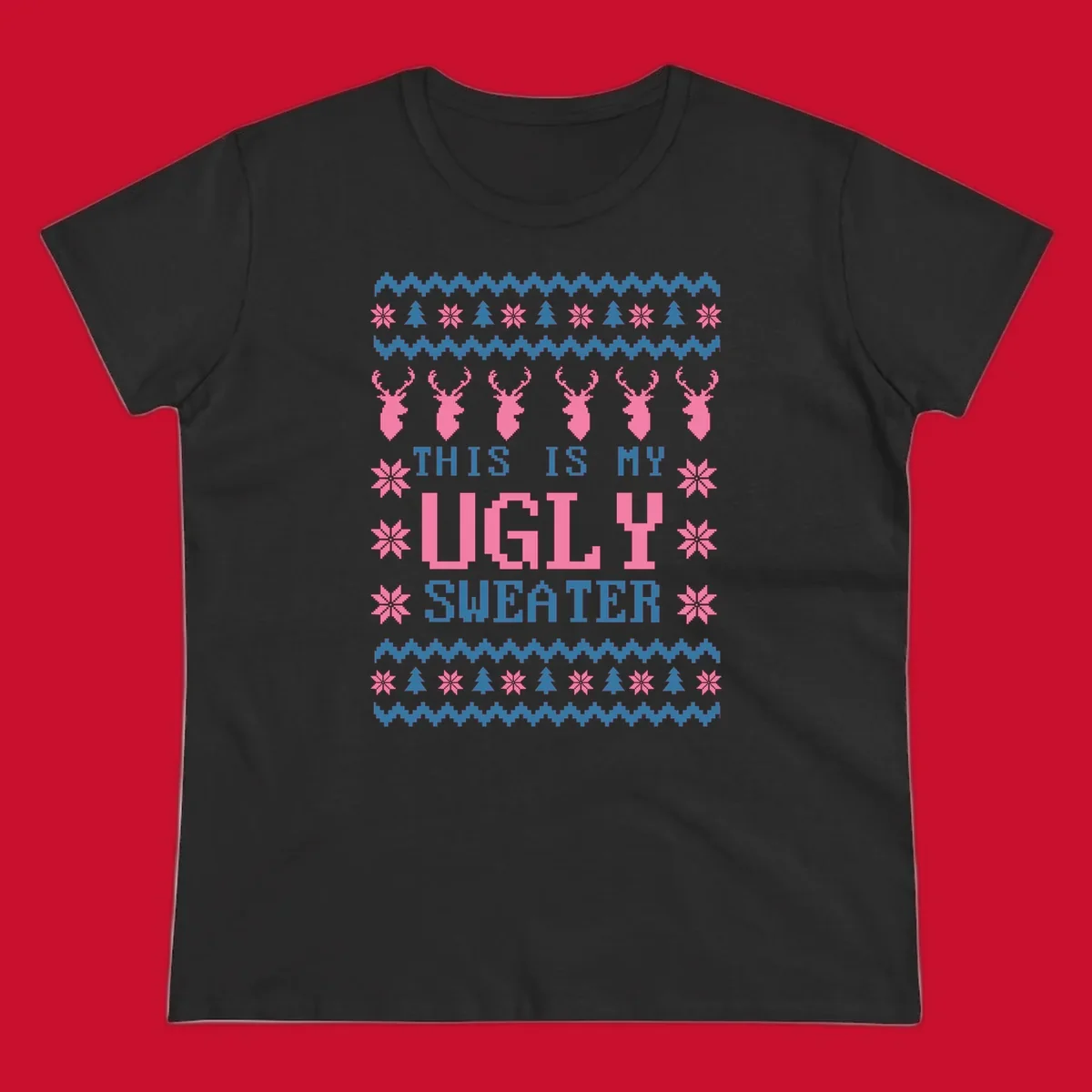 Ugly Christmas sweater design with pixelated reindeer, snowflakes, trees, and text 'THIS IS MY UGLY SWEATER'.