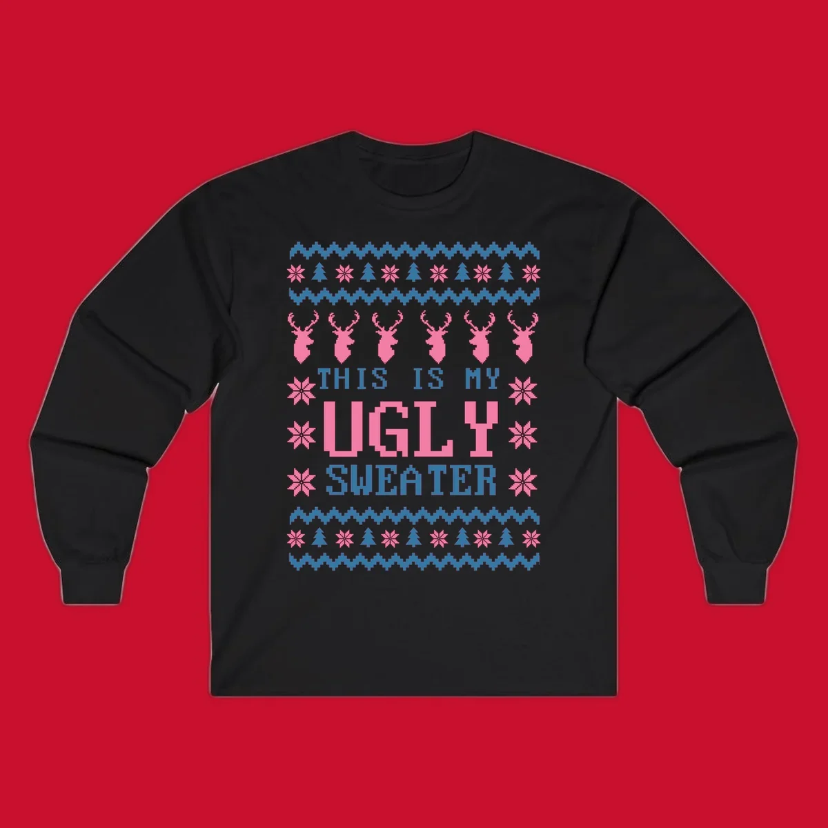 Ugly Christmas sweater design with pixelated reindeer, snowflakes, trees, and text 'THIS IS MY UGLY SWEATER'.