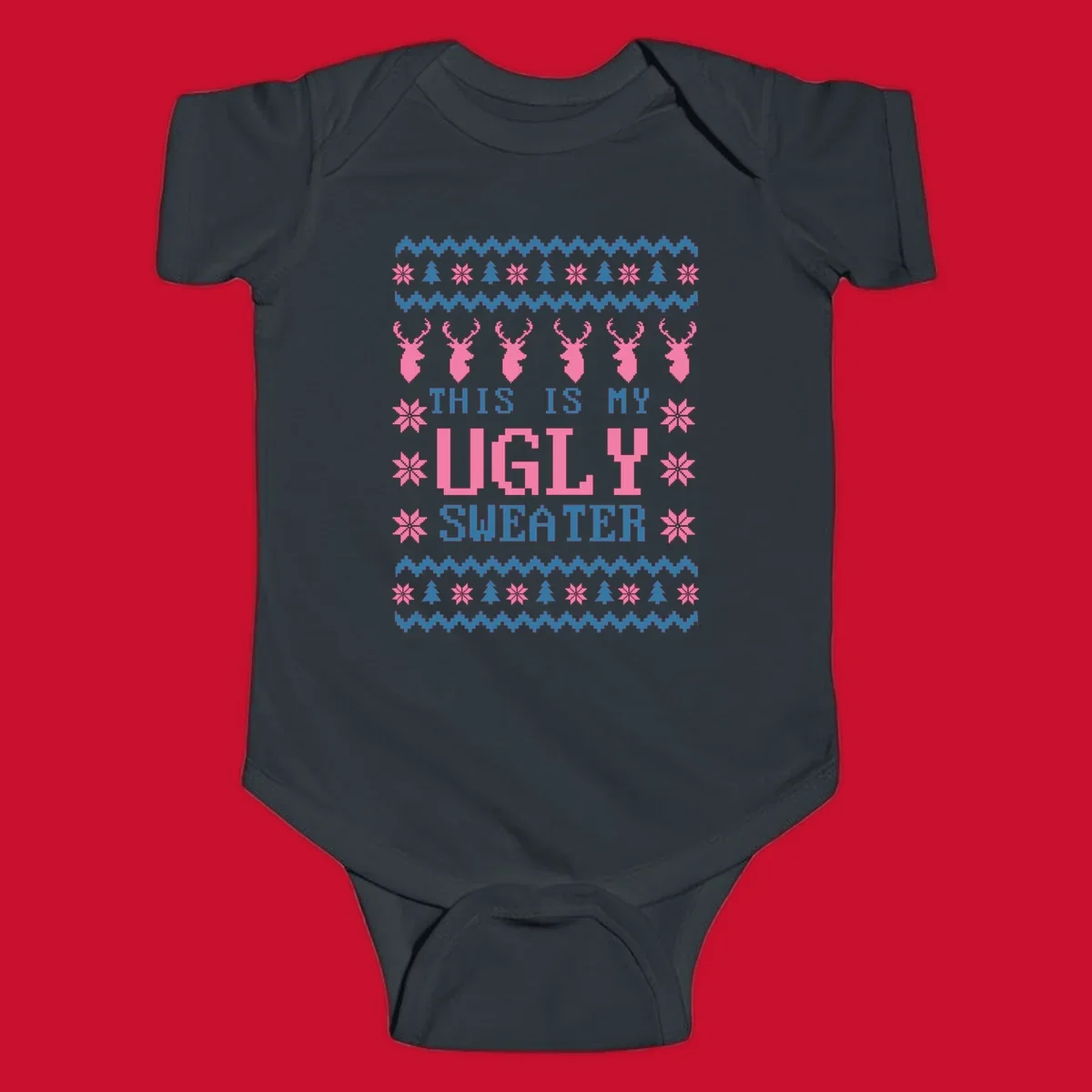 Ugly Christmas sweater design with pixelated reindeer, snowflakes, trees, and text 'THIS IS MY UGLY SWEATER'.