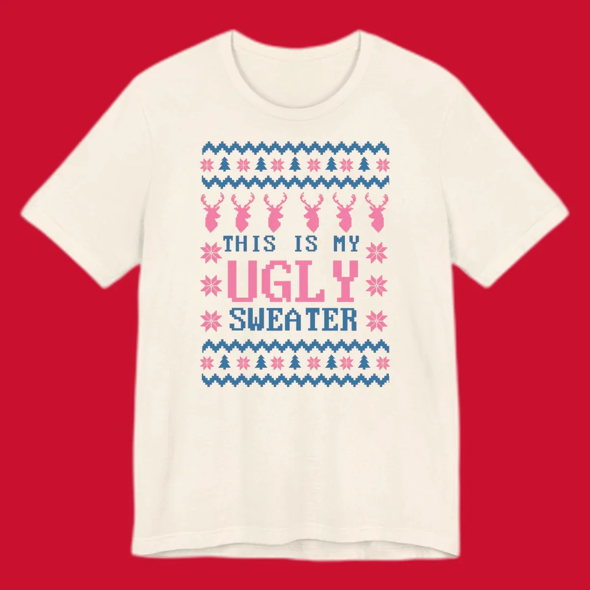 Ugly Christmas sweater design with pixelated reindeer, snowflakes, trees, and text 'THIS IS MY UGLY SWEATER'.