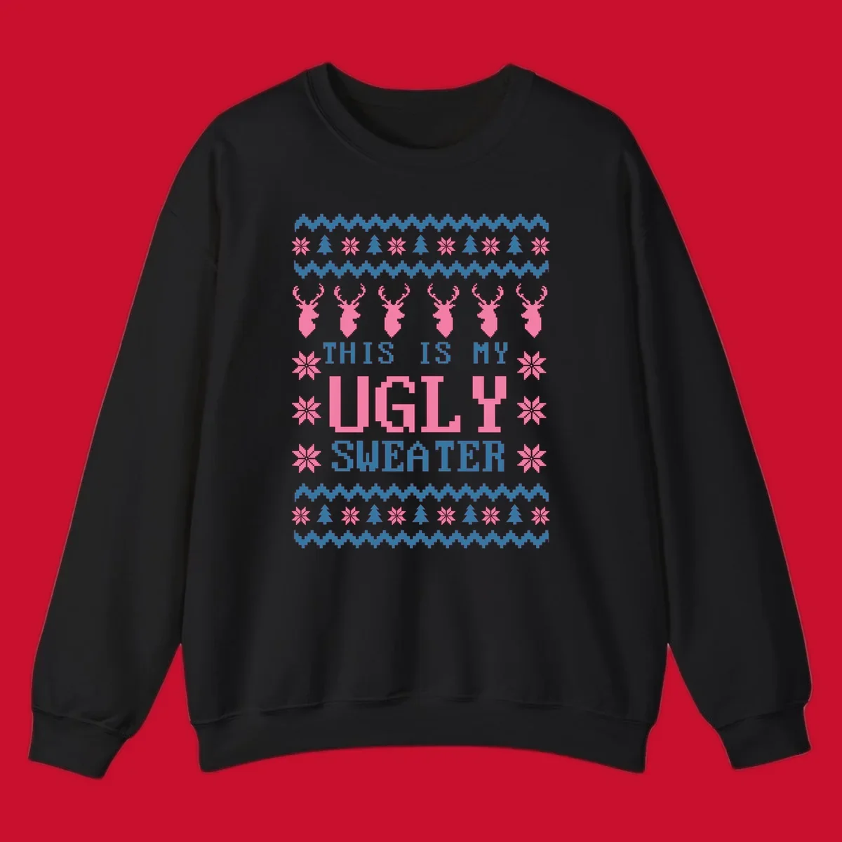 Ugly Christmas sweater design with pixelated reindeer, snowflakes, trees, and text 'THIS IS MY UGLY SWEATER'.