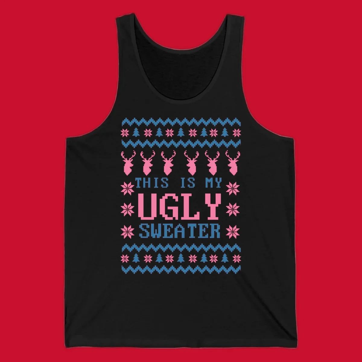 Ugly Christmas sweater design with pixelated reindeer, snowflakes, trees, and text 'THIS IS MY UGLY SWEATER'.