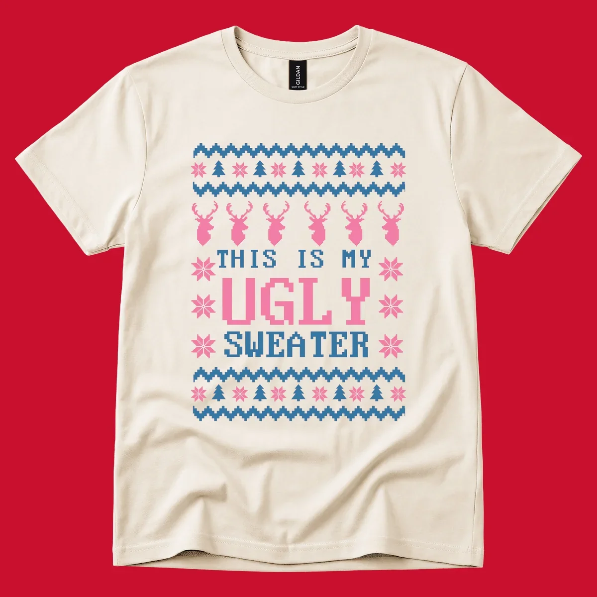Ugly Christmas sweater design with pixelated reindeer, snowflakes, trees, and text 'THIS IS MY UGLY SWEATER'.