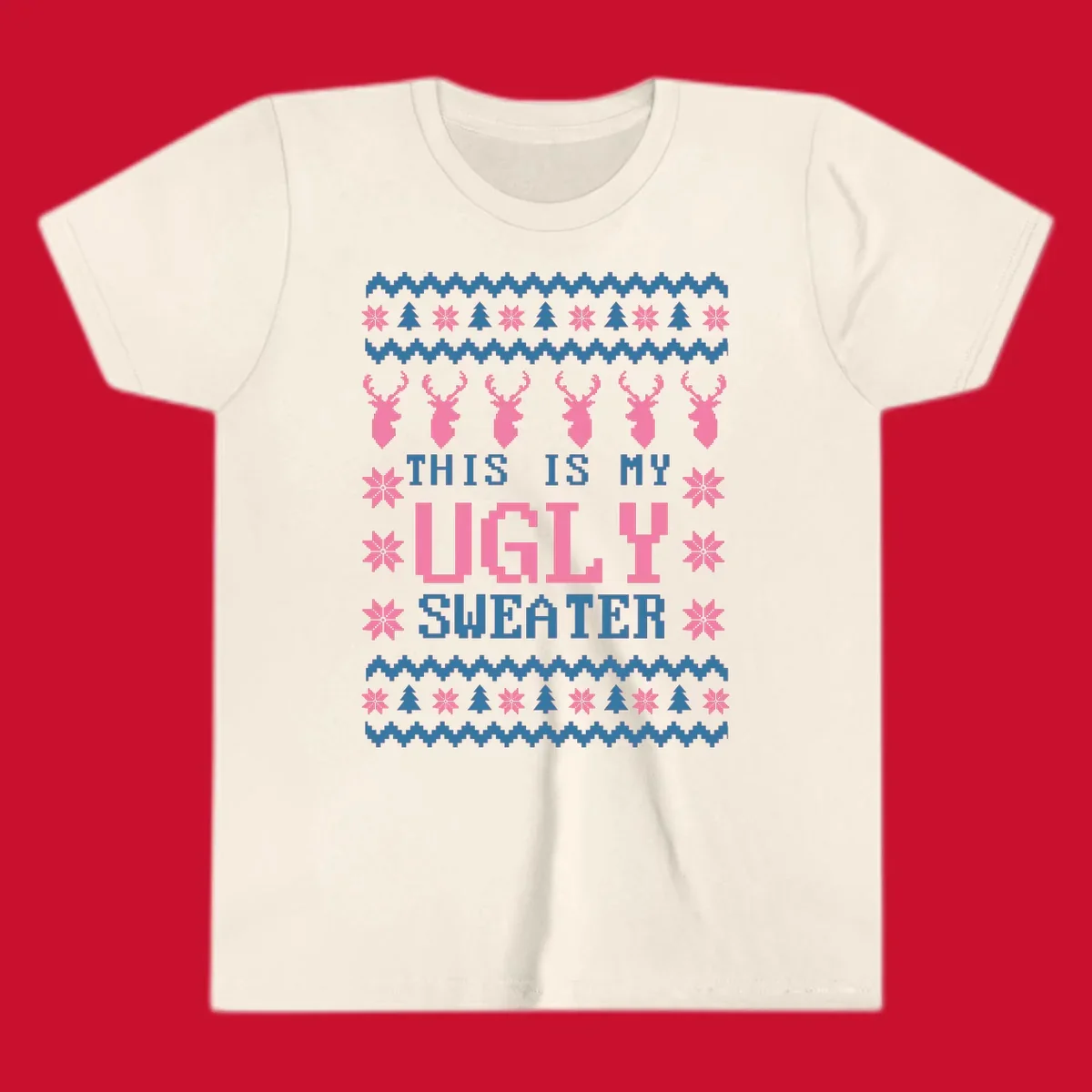 Ugly Christmas sweater design with pixelated reindeer, snowflakes, trees, and text 'THIS IS MY UGLY SWEATER'.
