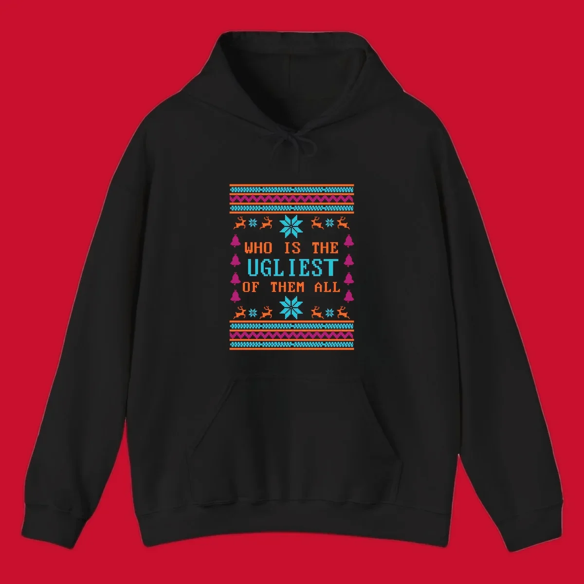 Text 'Who Is The Ugliest Of Them All' with reindeer, snowflakes, and bells in a kitschy Christmas design.