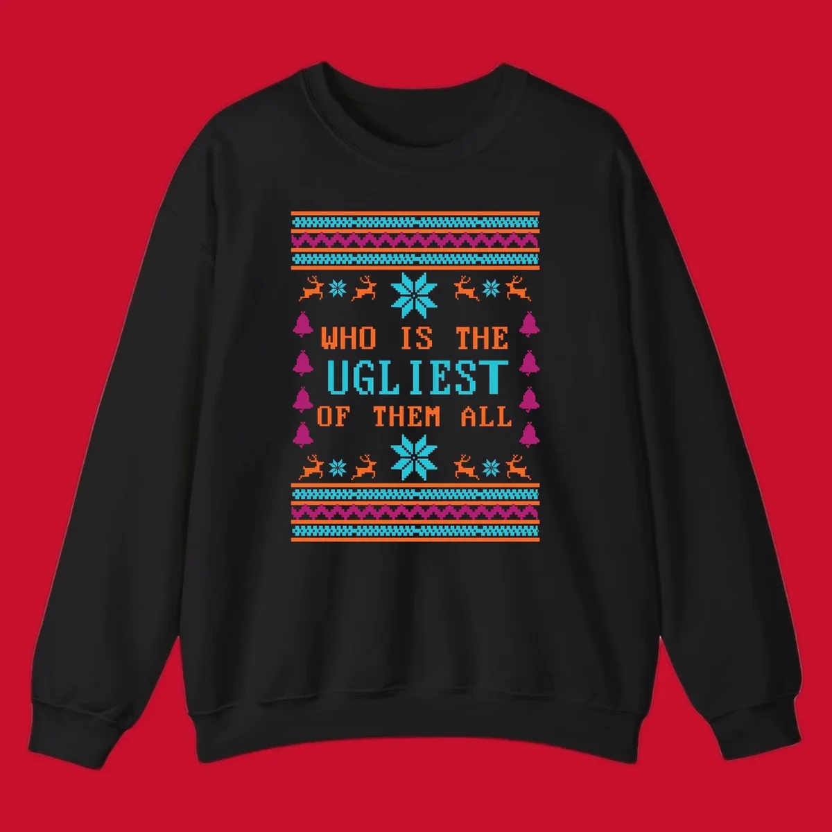 Text 'Who Is The Ugliest Of Them All' with reindeer, snowflakes, and bells in a kitschy Christmas design.