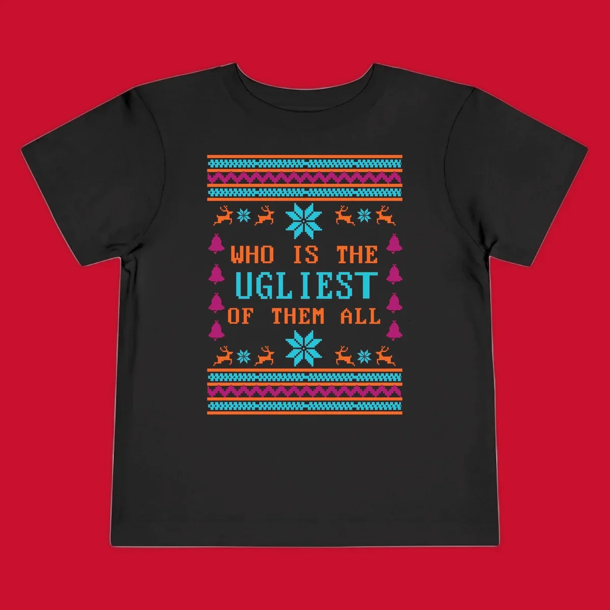 Text 'Who Is The Ugliest Of Them All' with reindeer, snowflakes, and bells in a kitschy Christmas design.