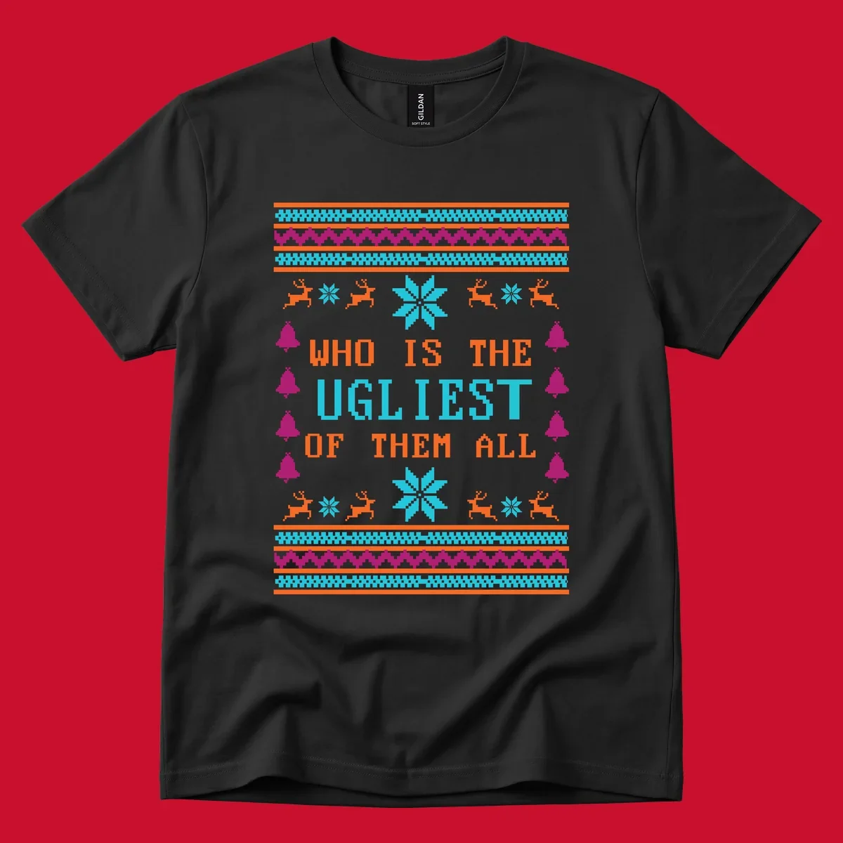 Text 'Who Is The Ugliest Of Them All' with reindeer, snowflakes, and bells in a kitschy Christmas design.