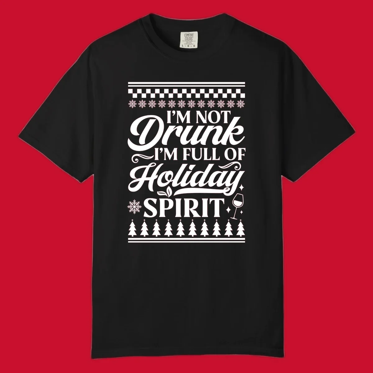 Holiday spirit phrase with snowflakes and wine glass on black background