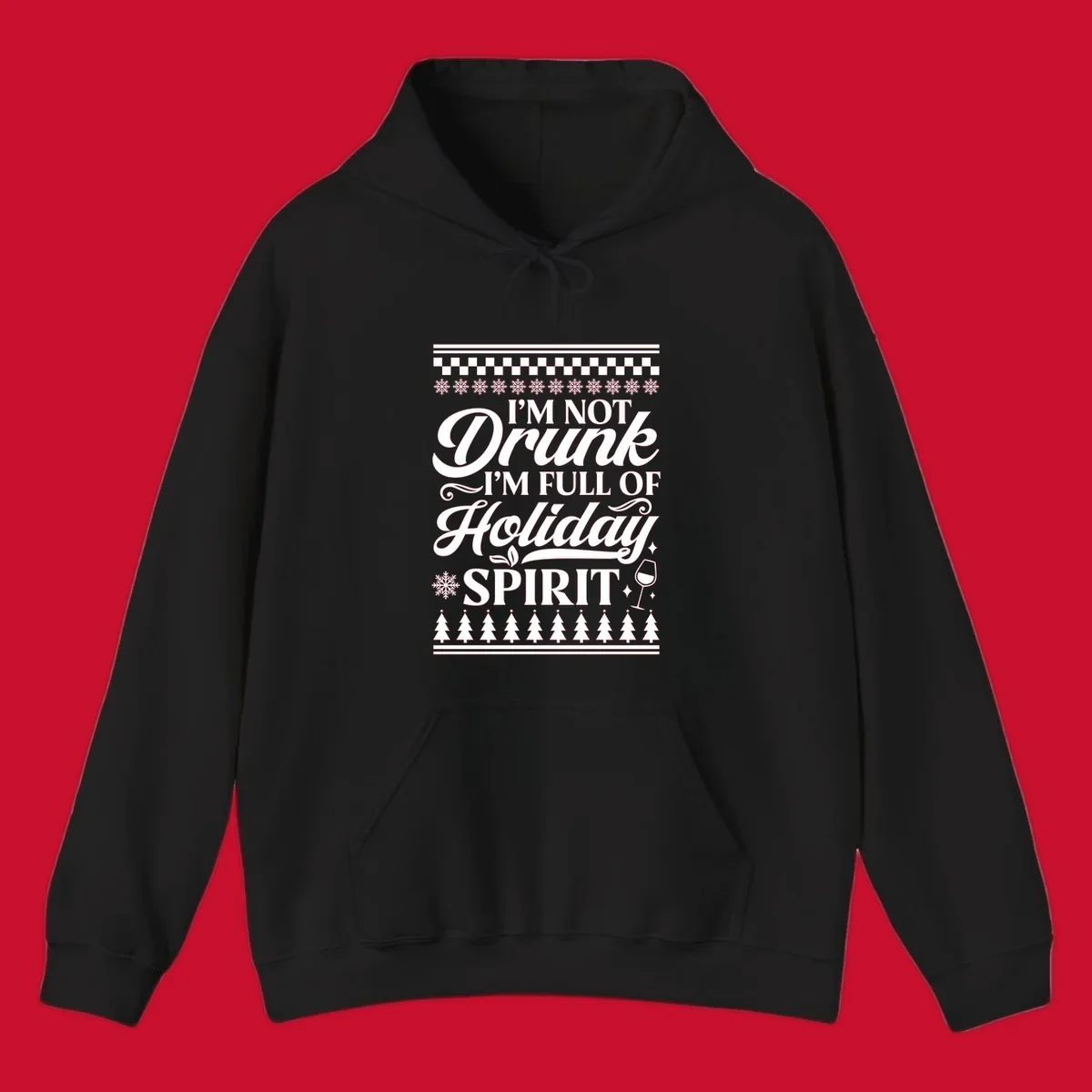Holiday spirit phrase with snowflakes and wine glass on black background