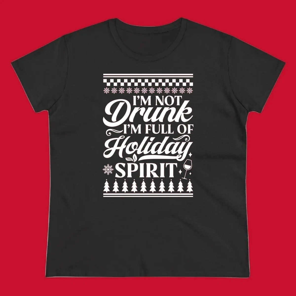 Holiday spirit phrase with snowflakes and wine glass on black background