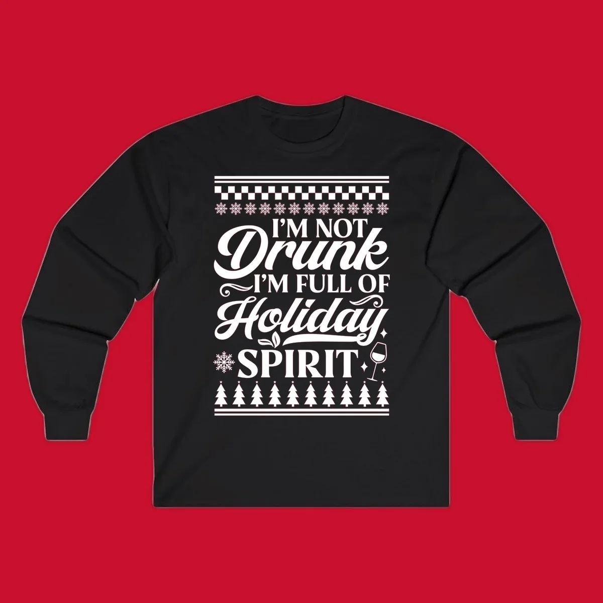 Holiday spirit phrase with snowflakes and wine glass on black background