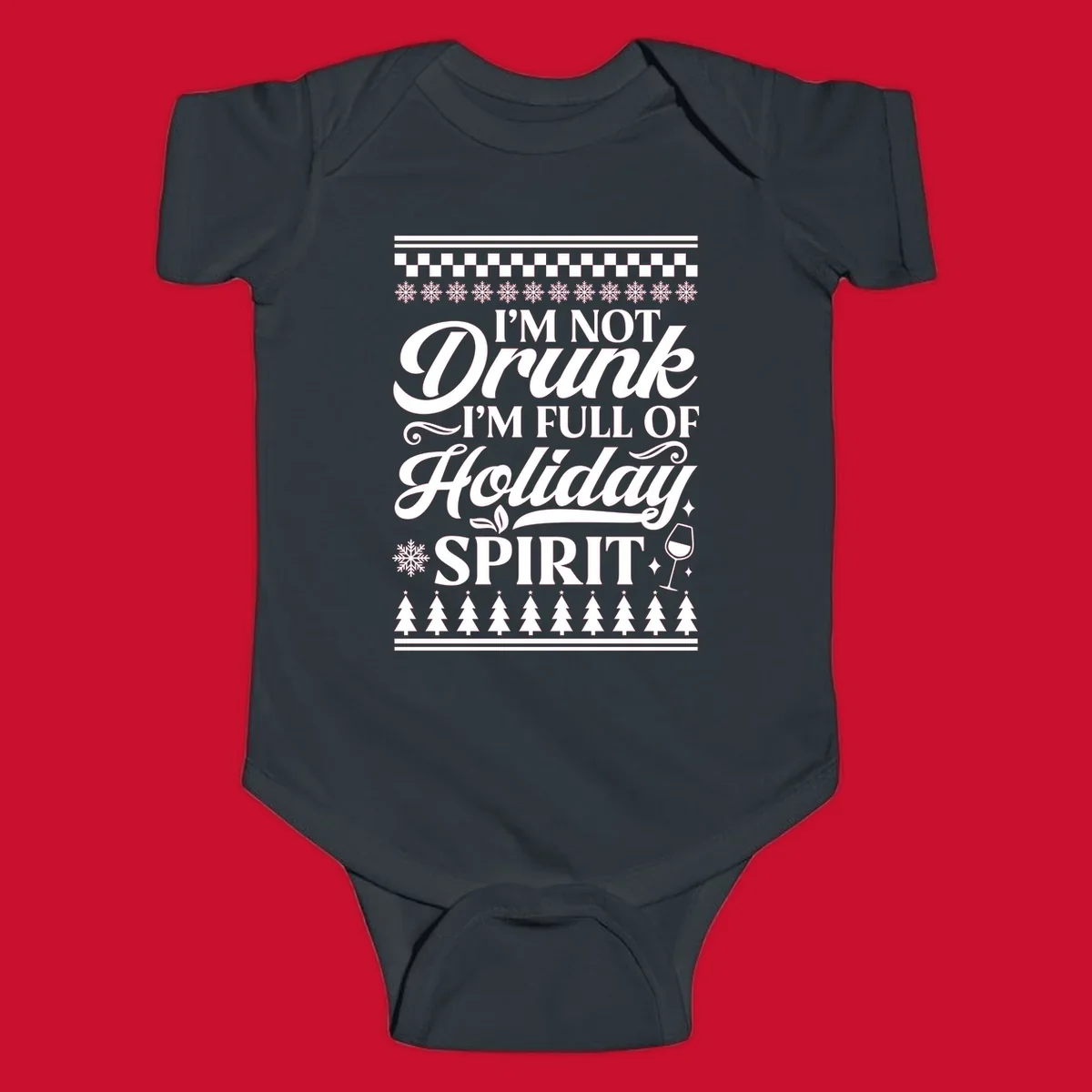 Holiday spirit phrase with snowflakes and wine glass on black background