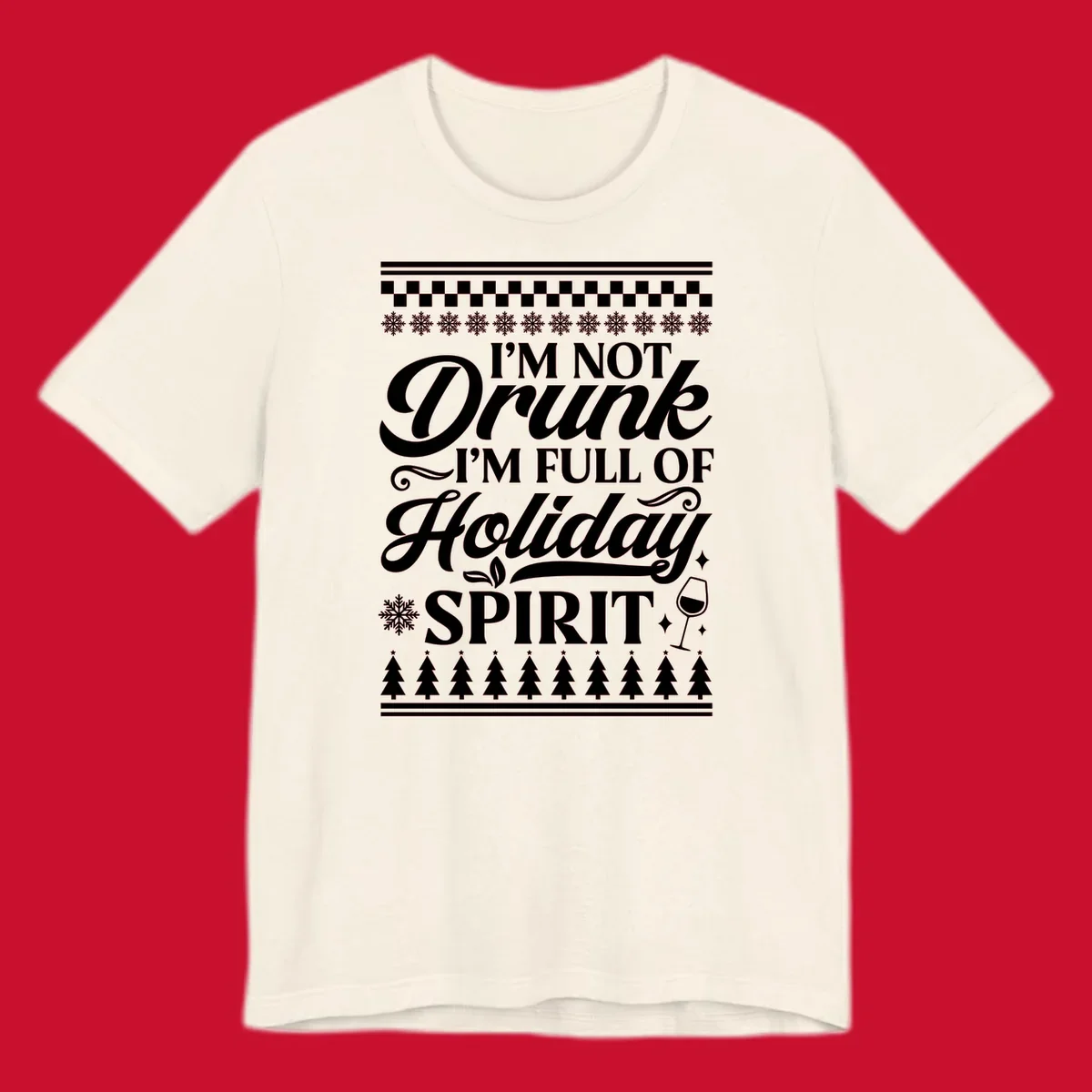 Holiday spirit phrase with snowflakes and wine glass on black background