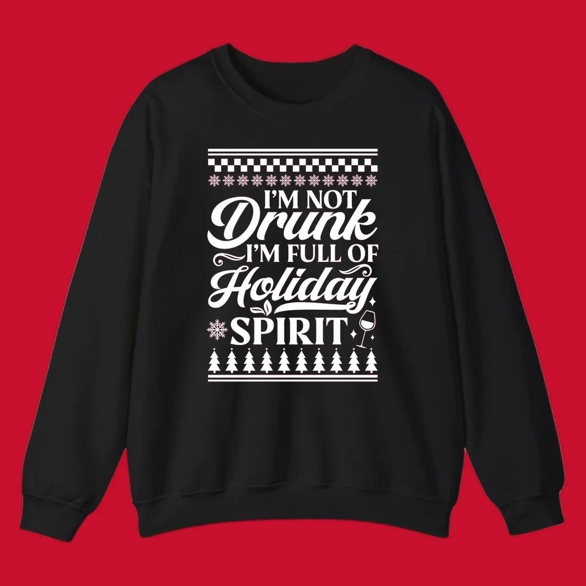 Holiday spirit phrase with snowflakes and wine glass on black background