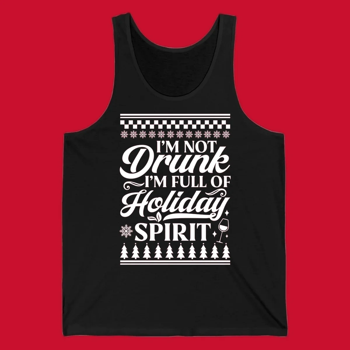 Holiday spirit phrase with snowflakes and wine glass on black background