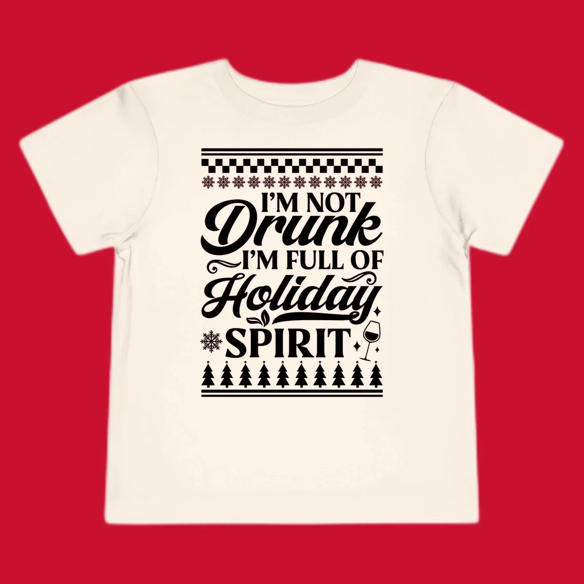 Holiday spirit phrase with snowflakes and wine glass on black background