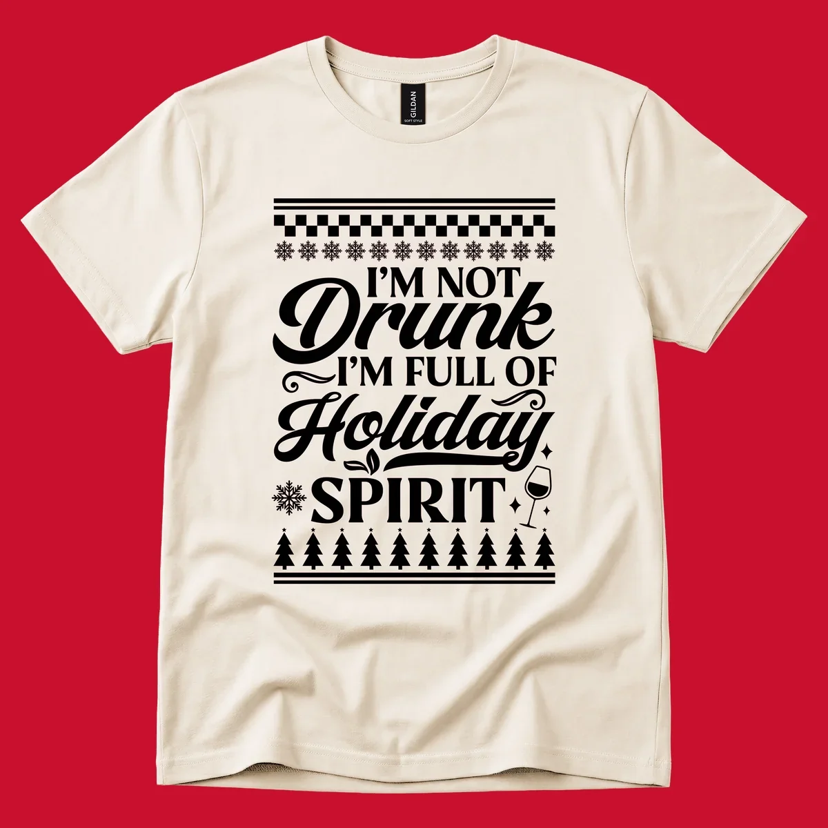Holiday spirit phrase with snowflakes and wine glass on black background