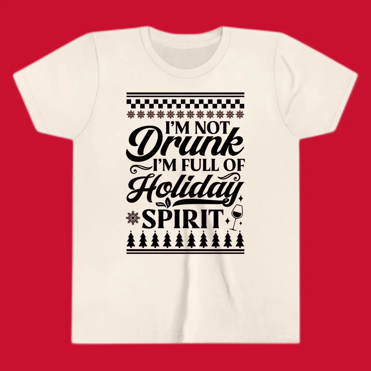 Holiday spirit phrase with snowflakes and wine glass on black background