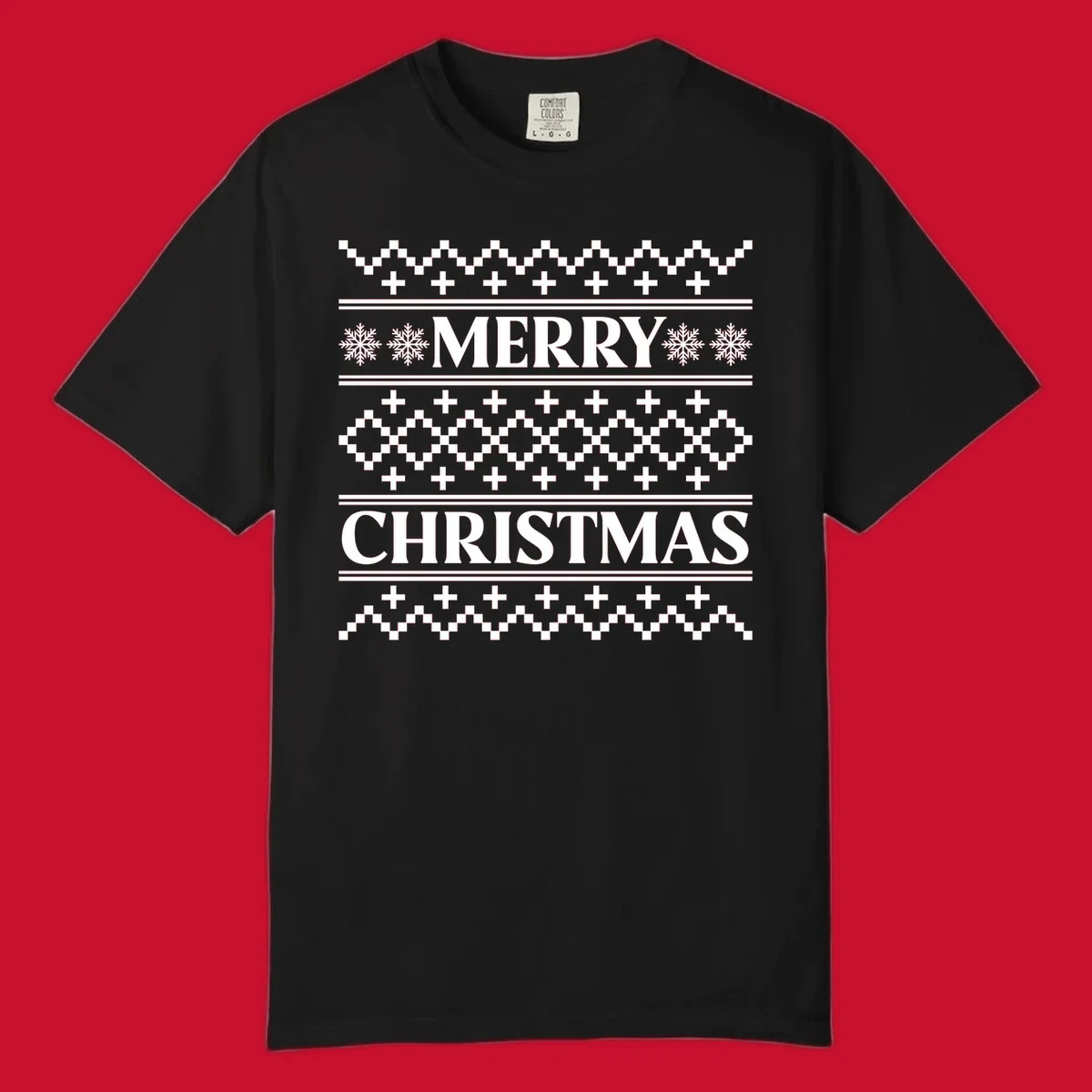 Ugly Christmas sweater pattern with Merry Christmas text, snowflakes, and geometric shapes.