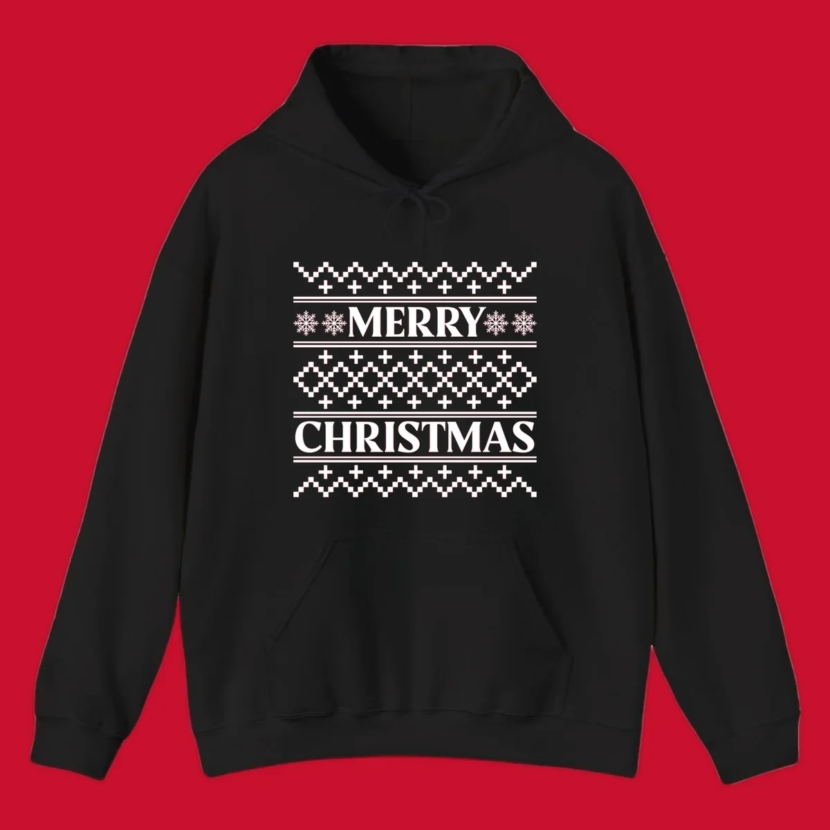 Ugly Christmas sweater pattern with Merry Christmas text, snowflakes, and geometric shapes.