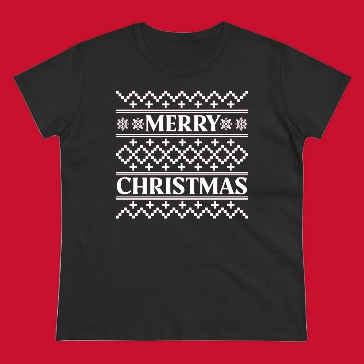 Ugly Christmas sweater pattern with Merry Christmas text, snowflakes, and geometric shapes.