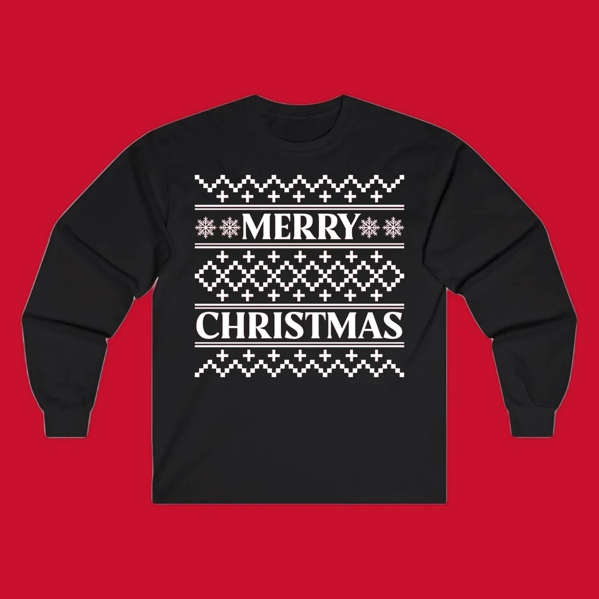 Ugly Christmas sweater pattern with Merry Christmas text, snowflakes, and geometric shapes.