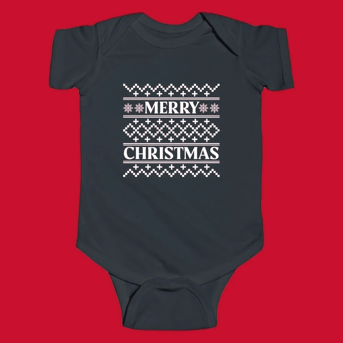 Ugly Christmas sweater pattern with Merry Christmas text, snowflakes, and geometric shapes.