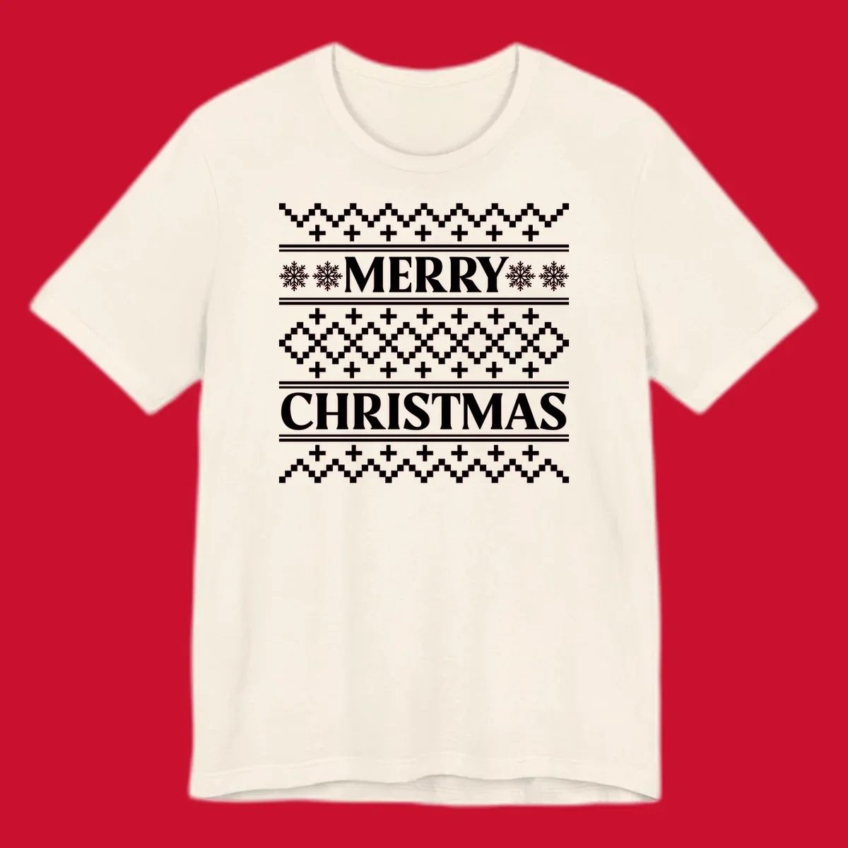 Ugly Christmas sweater pattern with Merry Christmas text, snowflakes, and geometric shapes.