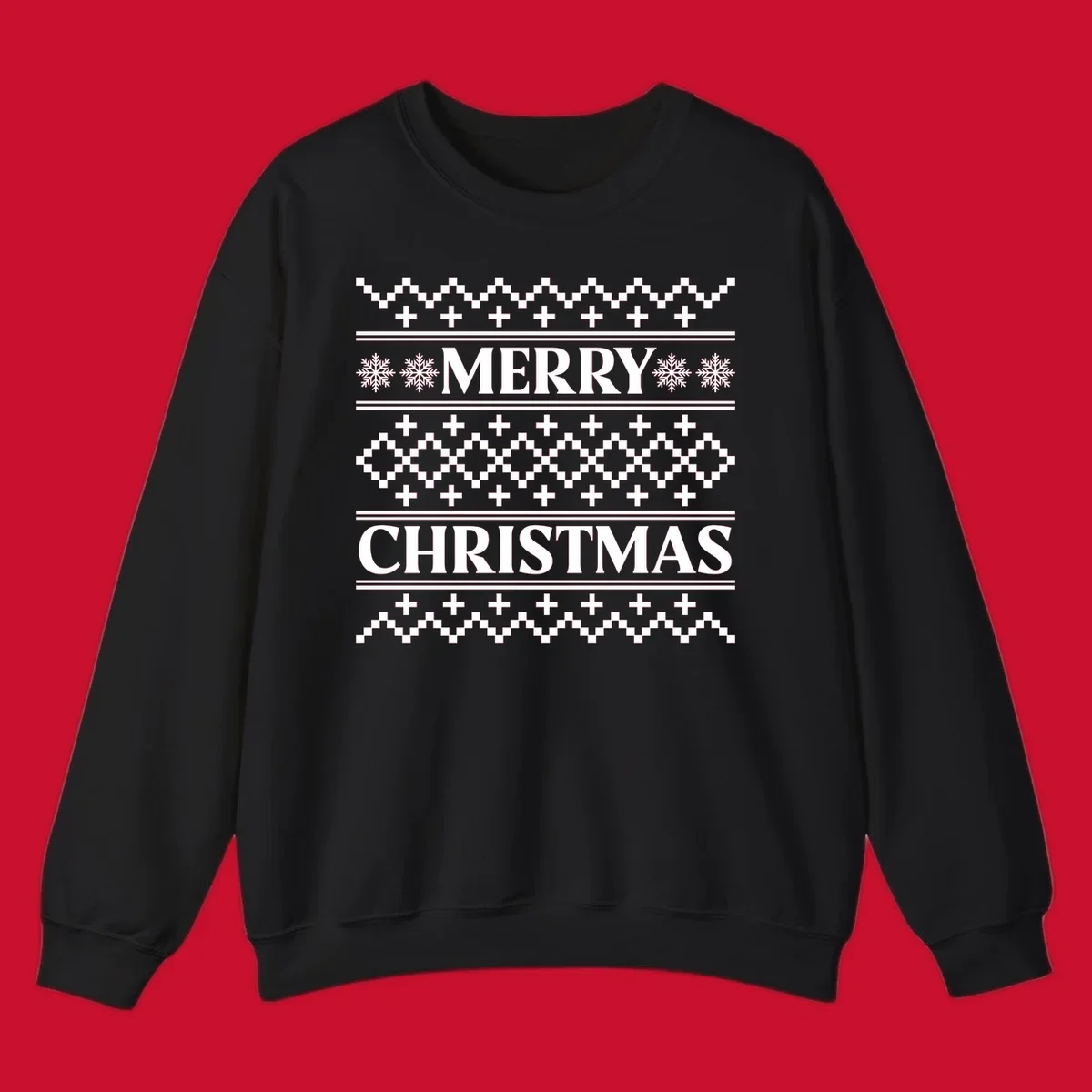 Ugly Christmas sweater pattern with Merry Christmas text, snowflakes, and geometric shapes.