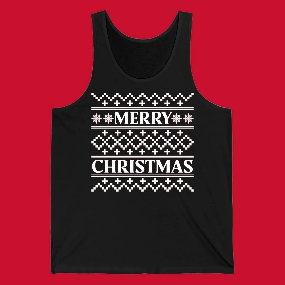 Ugly Christmas sweater pattern with Merry Christmas text, snowflakes, and geometric shapes.