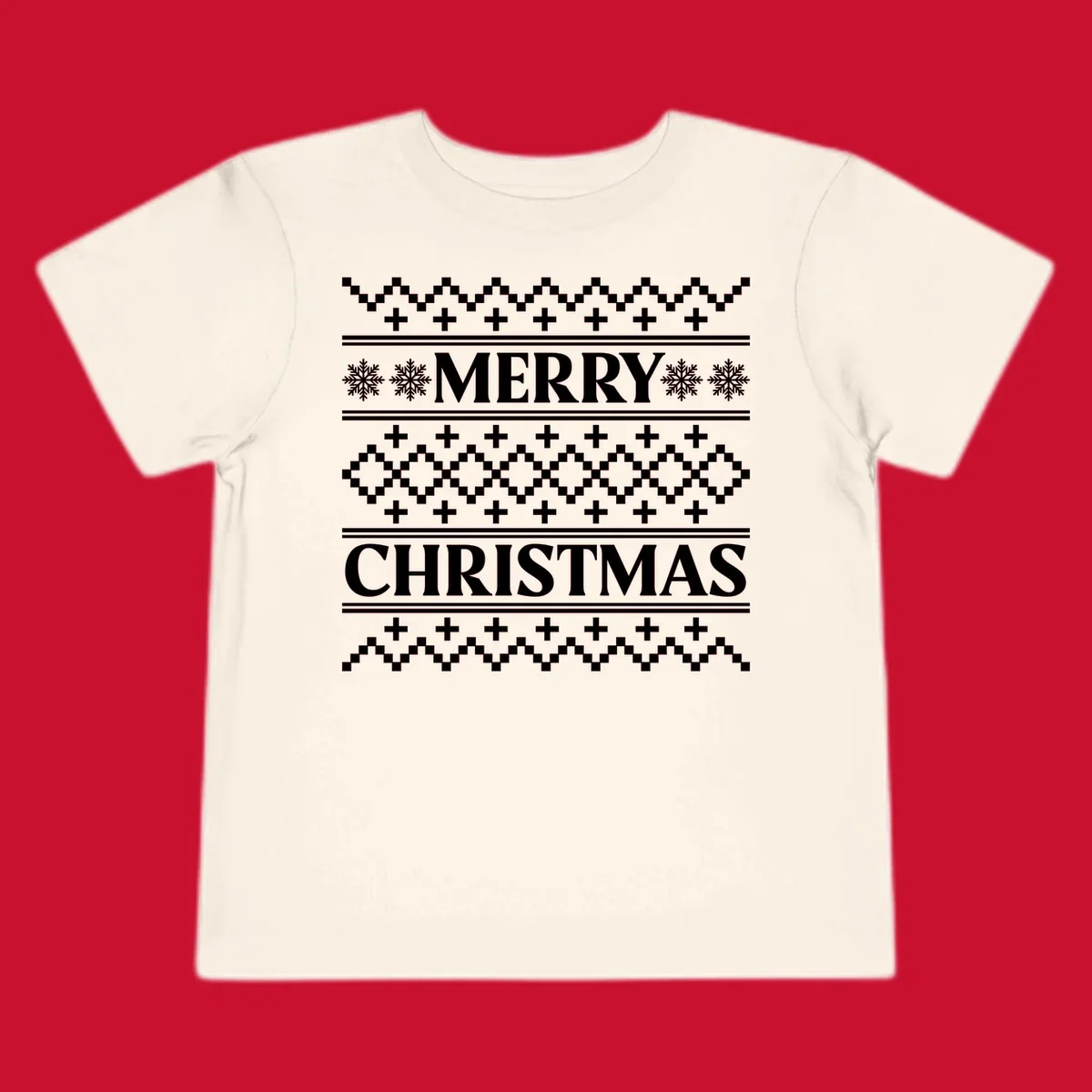 Ugly Christmas sweater pattern with Merry Christmas text, snowflakes, and geometric shapes.