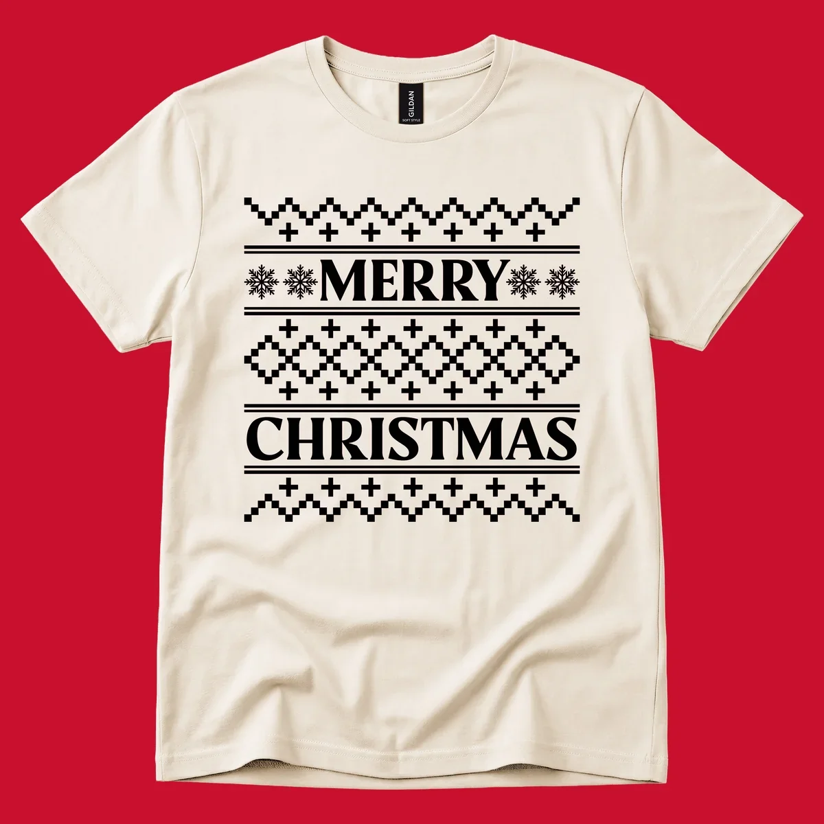 Ugly Christmas sweater pattern with Merry Christmas text, snowflakes, and geometric shapes.