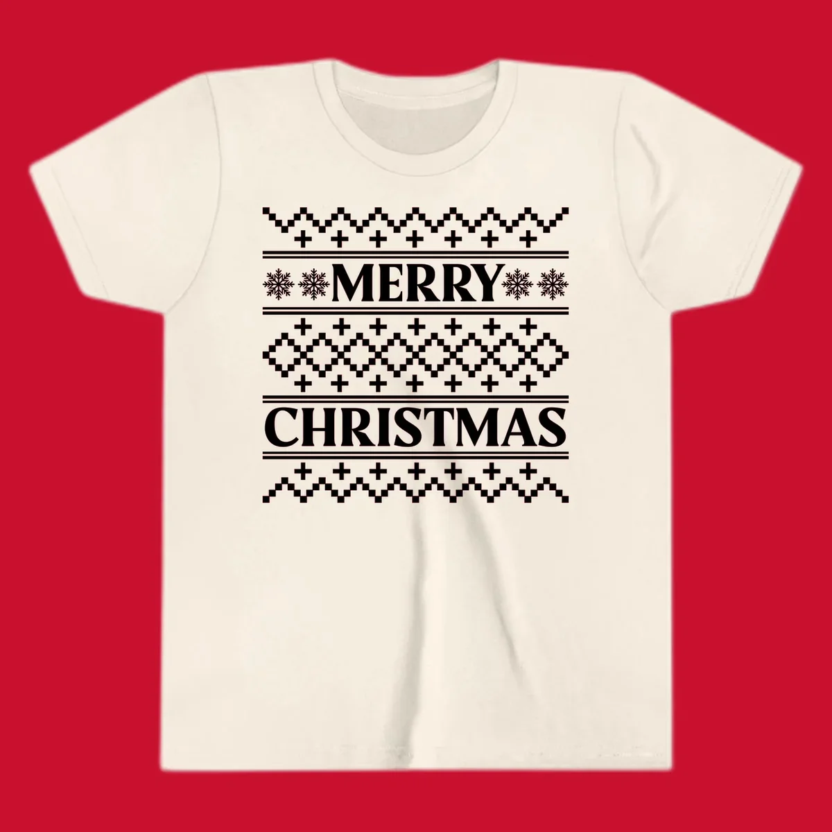 Ugly Christmas sweater pattern with Merry Christmas text, snowflakes, and geometric shapes.