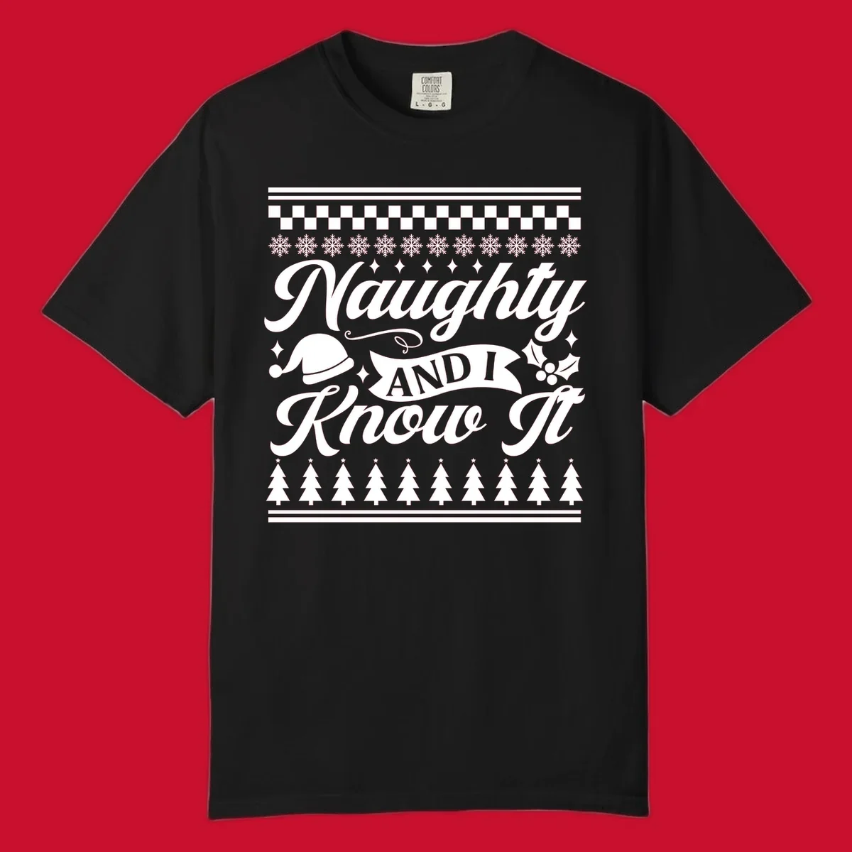 Naughty Christmas saying with Santa hat, snowflakes, and trees.