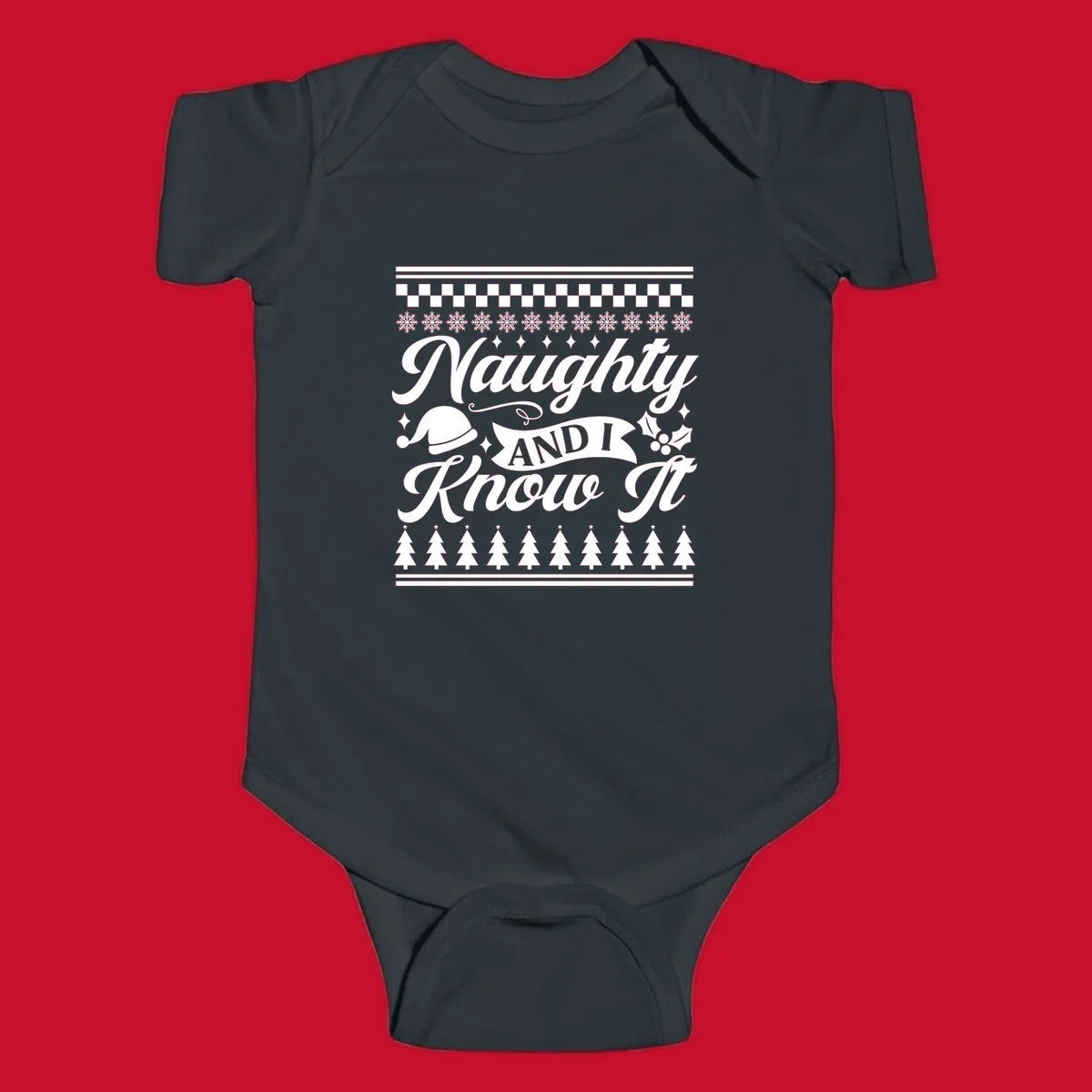 Naughty Christmas saying with Santa hat, snowflakes, and trees.