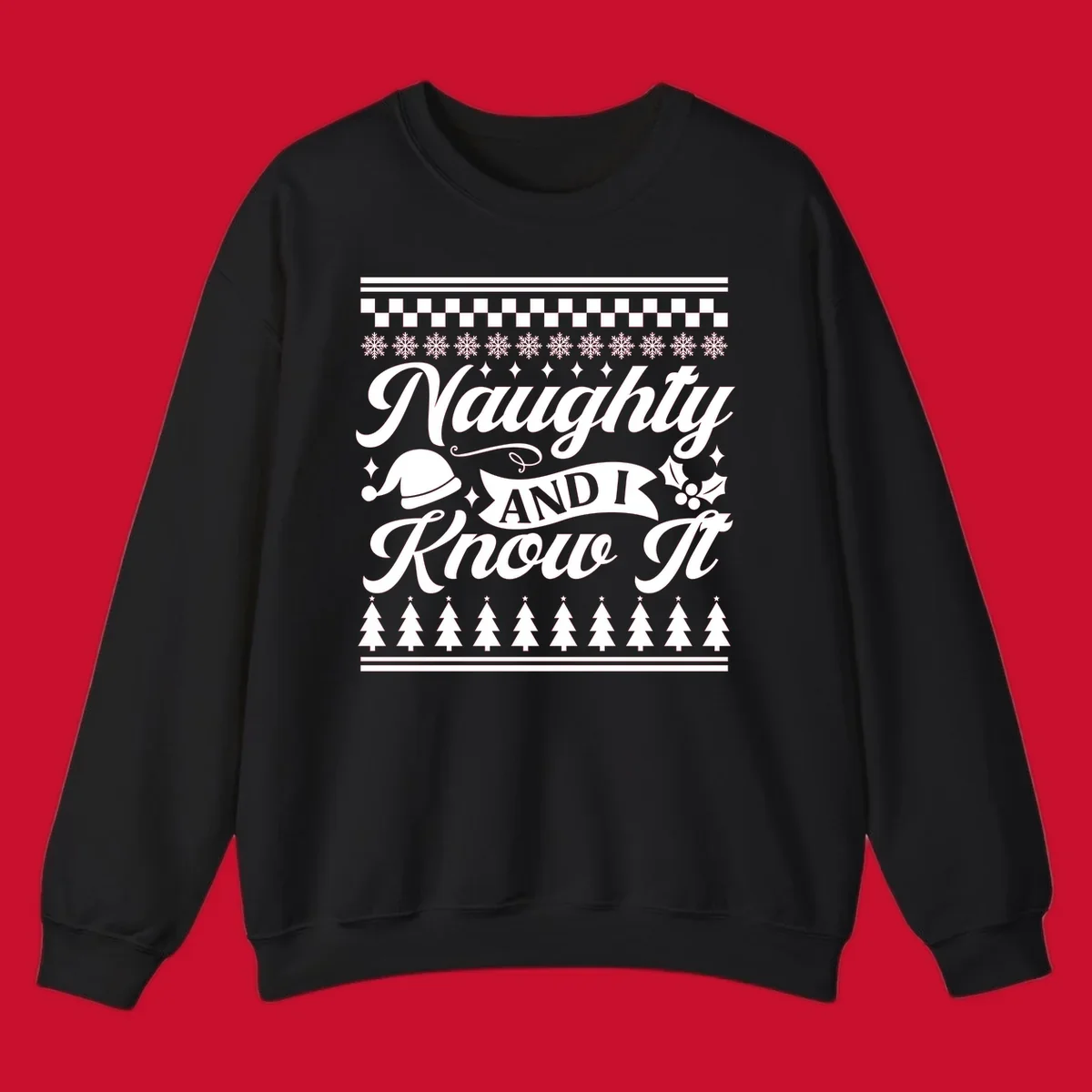 Naughty Christmas saying with Santa hat, snowflakes, and trees.