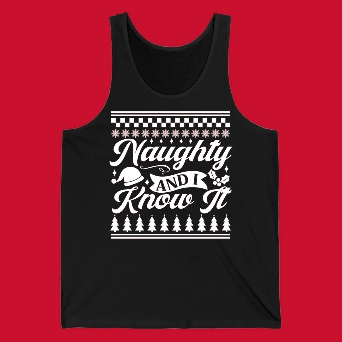 Naughty Christmas saying with Santa hat, snowflakes, and trees.