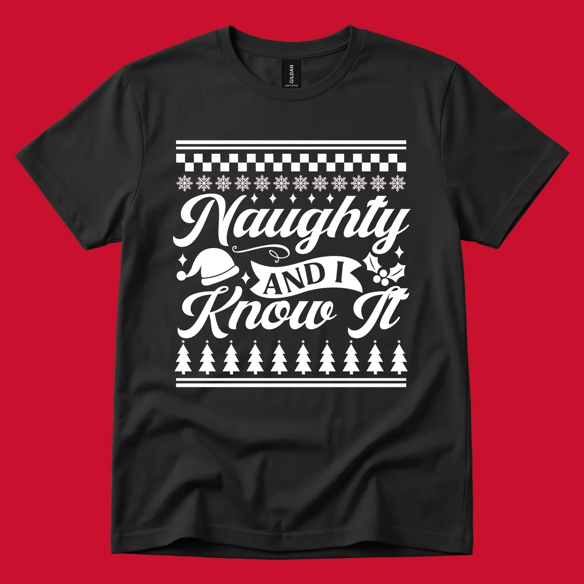 Naughty Christmas saying with Santa hat, snowflakes, and trees.