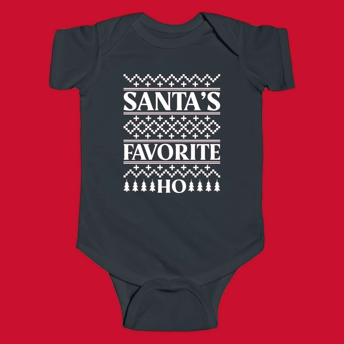 Santa's Favorite Ho Christmas design with bold text and ugly sweater patterns.