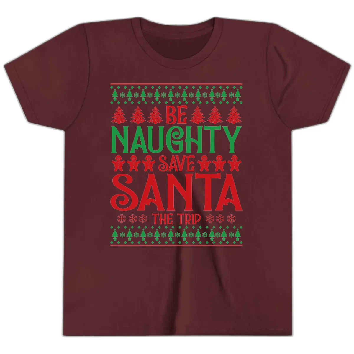 Be Naughty Save Santa The Trip Youth T-Shirt in Maroon