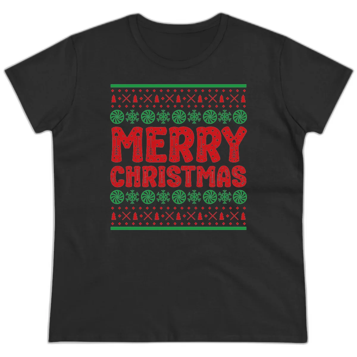 Merry Christmas Ugly Sweater Design Ladies Tee in Black