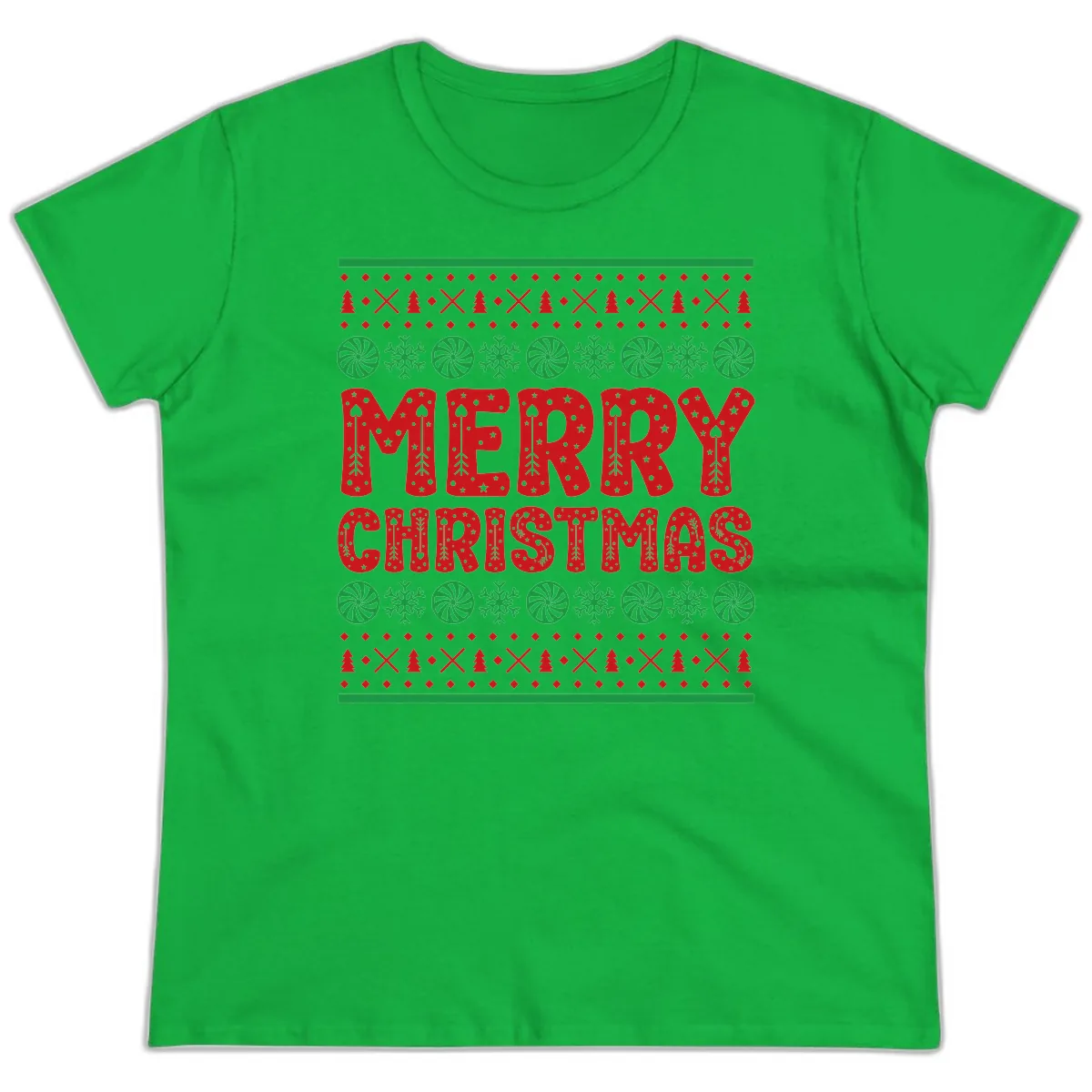 Merry Christmas Ugly Sweater Design Ladies Tee in Irish Green
