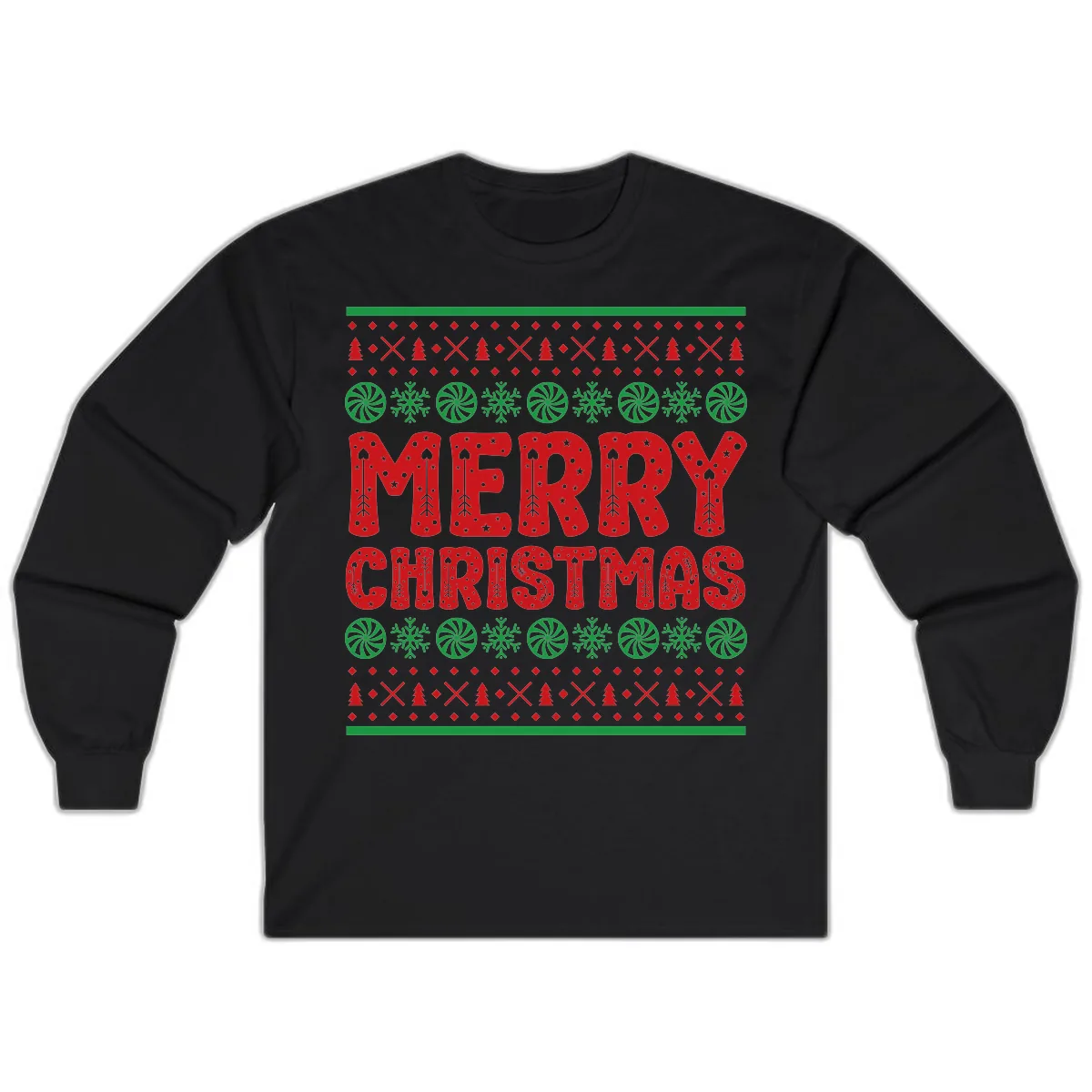 Merry Christmas Ugly Sweater Design Long Sleeve in Black