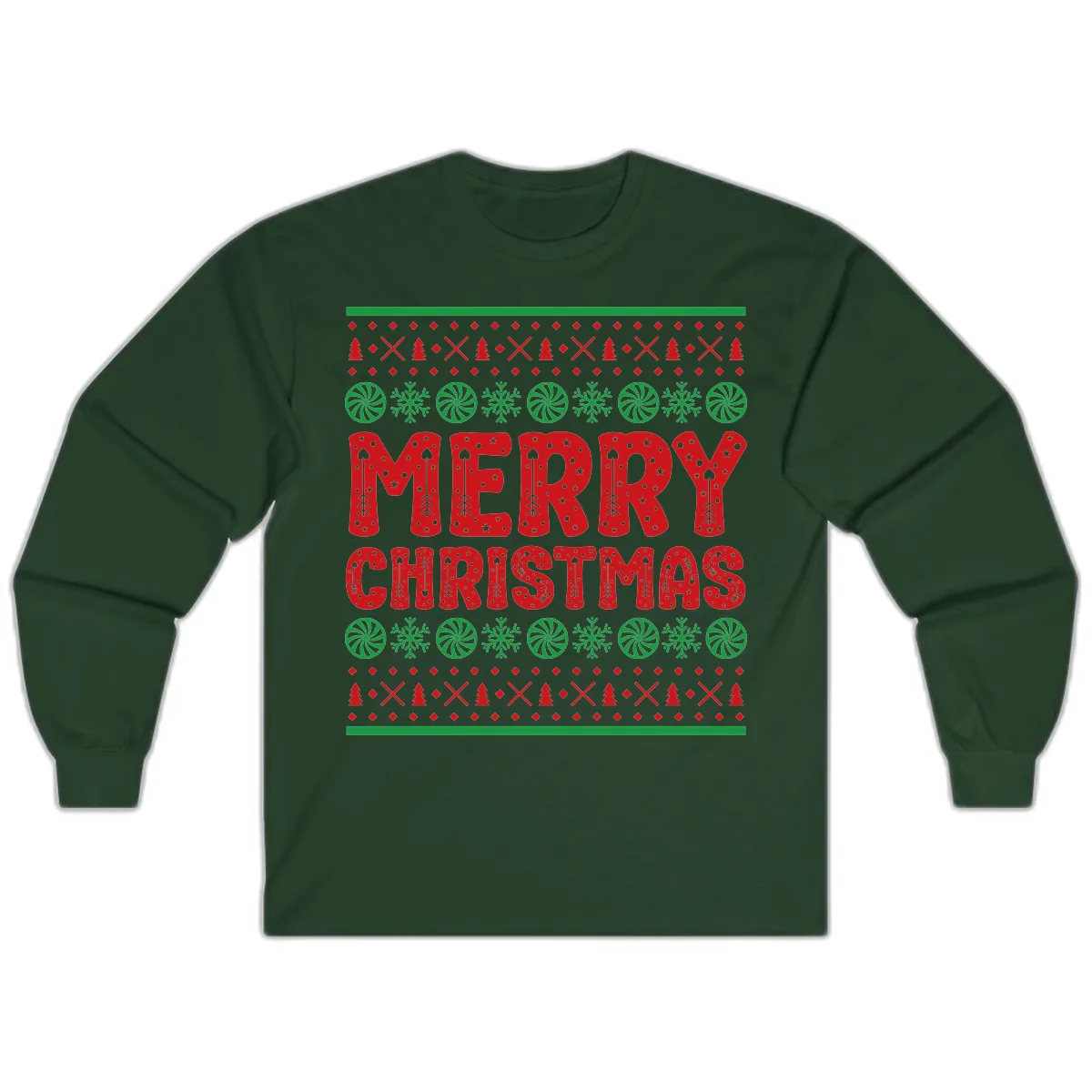 Merry Christmas Ugly Sweater Design Long Sleeve in Forest Green