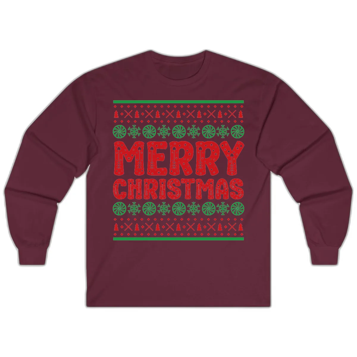 Merry Christmas Ugly Sweater Design Long Sleeve in Maroon