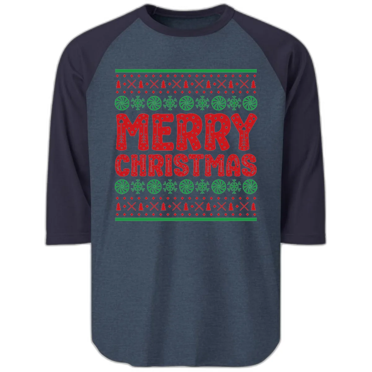 Merry Christmas Ugly Sweater Design Raglan 3/4 in Heather Denim Navy